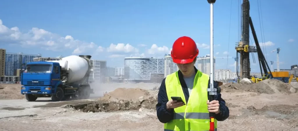 Surveyor examining vast vacant land